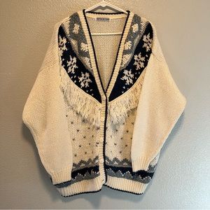 Vintage Hand Knit Fringe Cardigan Sweater Size XXL Warm Winter Gift Cream Blue